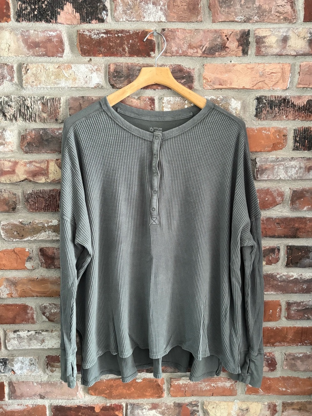 Aerie Green Waffle Knit Henley Lounge Long Sleeve Shirt Top, XL
